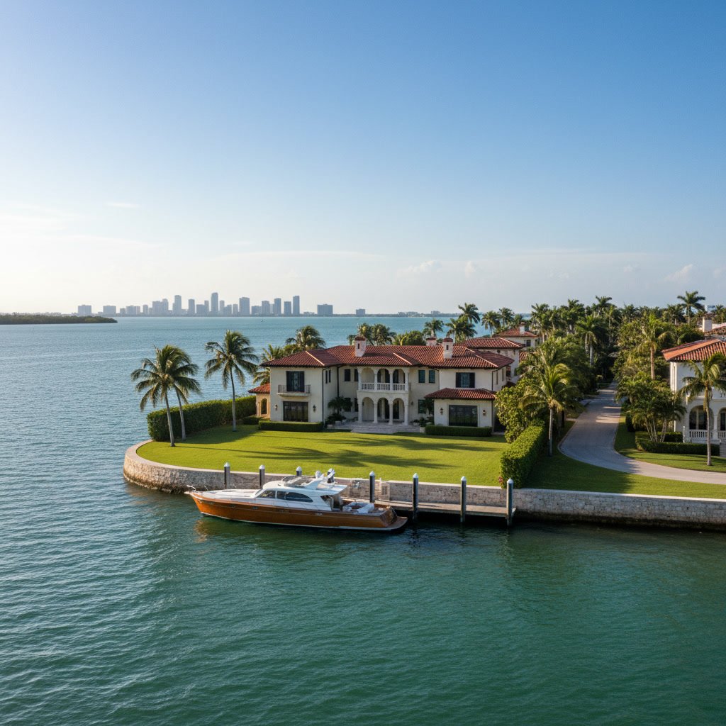 Biscayne Bay views from elevated Coconut Grove waterfront home with impact windows