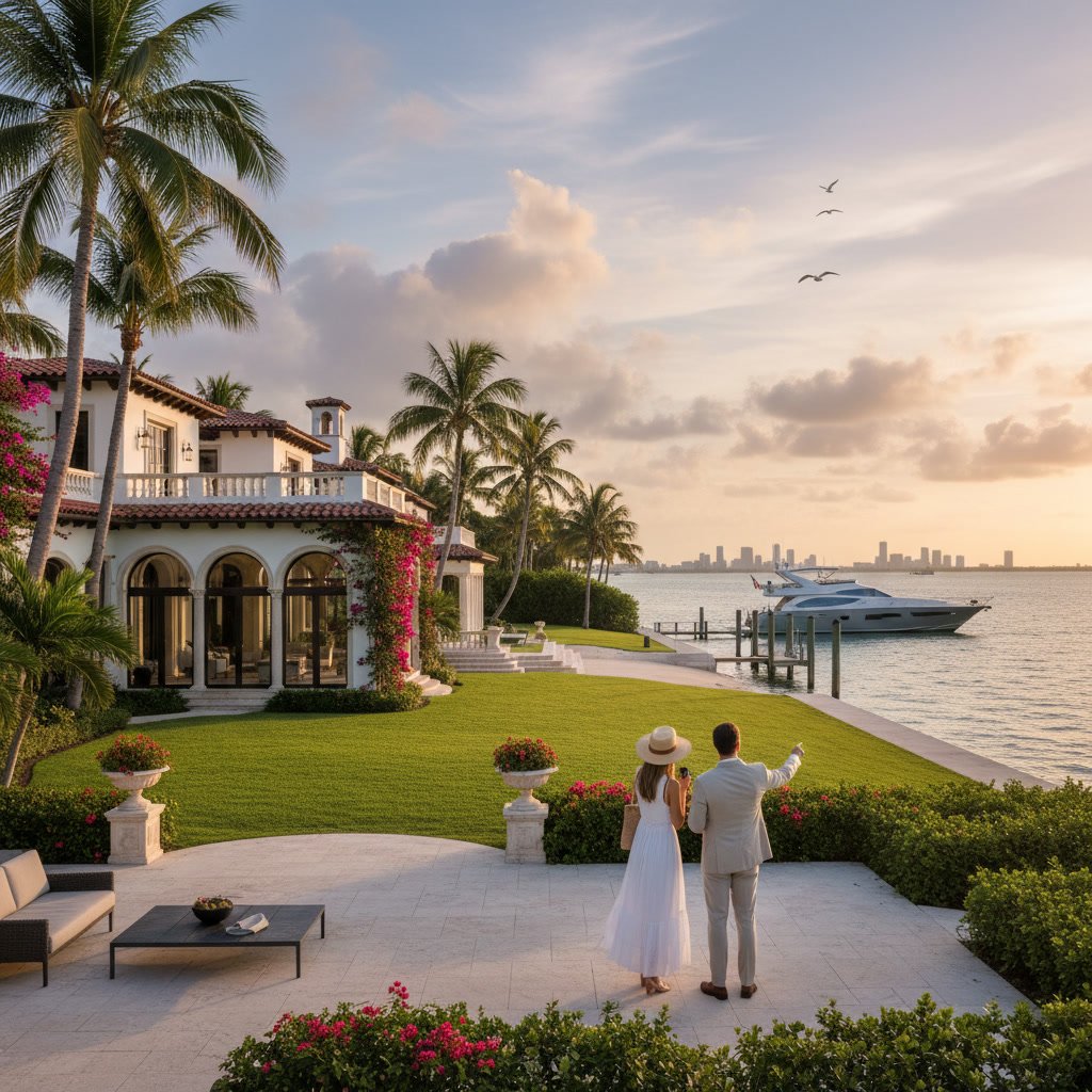 Luxury waterfront homes with private docks along Biscayne Bay in Coconut Grove Florida