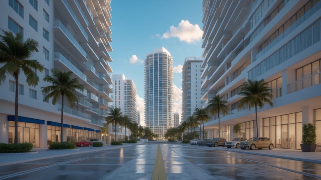 Modern staged condo interior in Miami Beach with floor-to-ceiling windows and ocean view