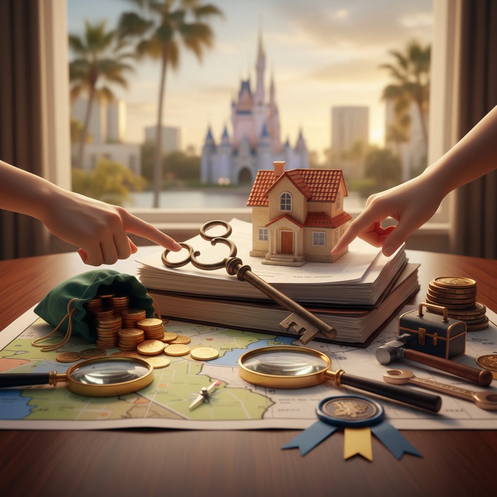 Orlando home buyer reviewing closing cost documents with real estate agent