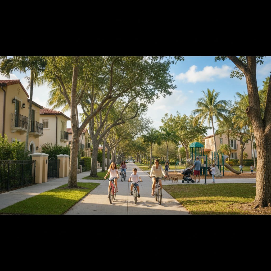 Family friendly Miami neighborhood with children playing in safe residential street