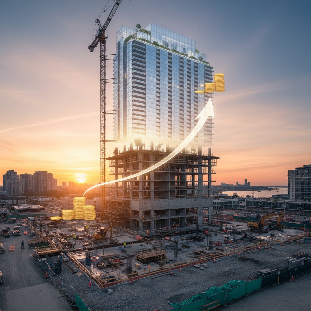Modern pre-construction condo development with construction crane in Miami Beach