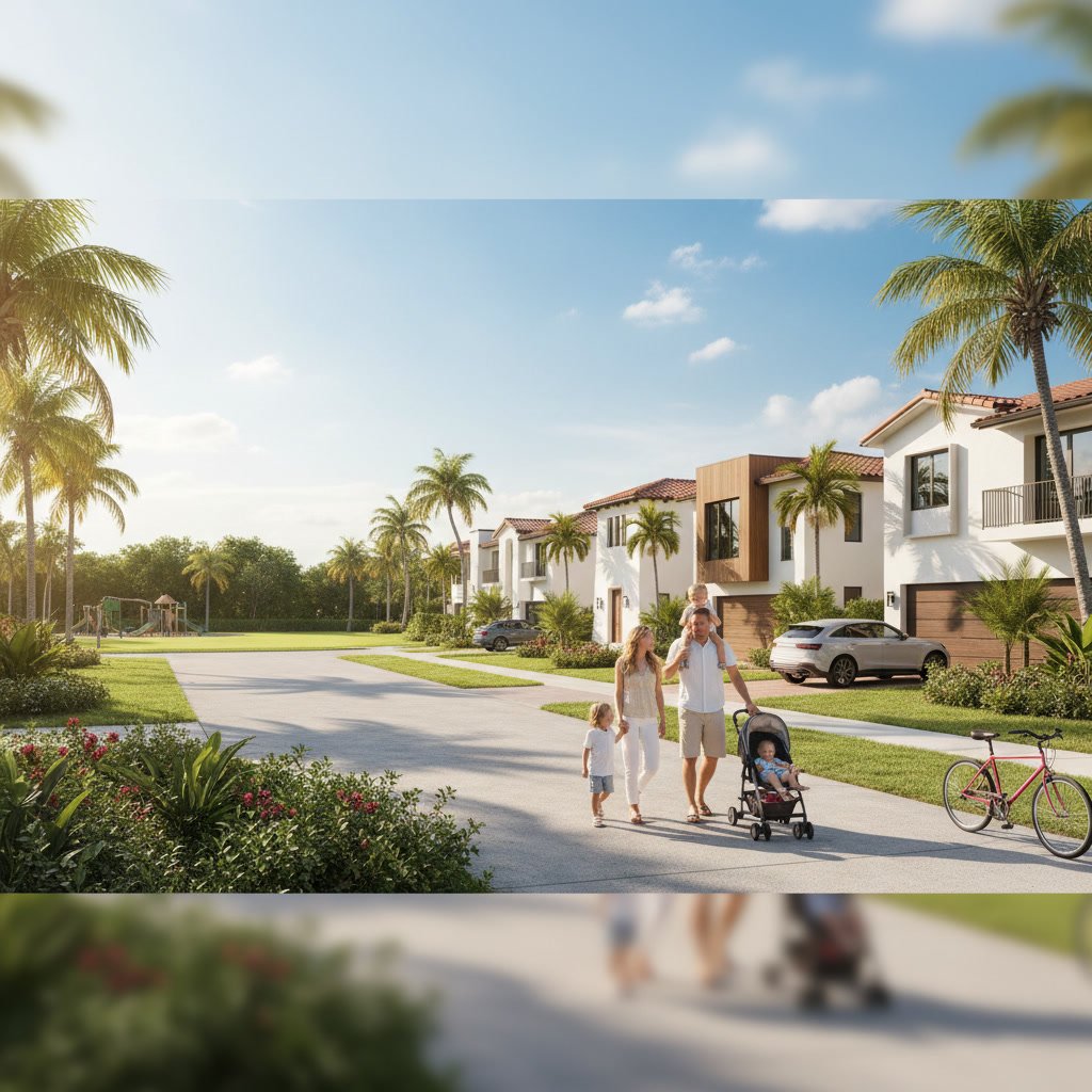 Safe Miami neighborhood with families walking to top-rated schools and parks
