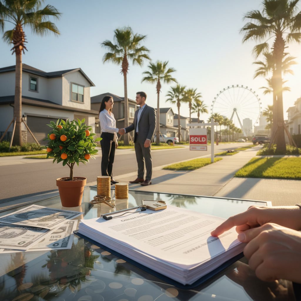 Professional real estate closing with documents and keys for Orlando home purchase