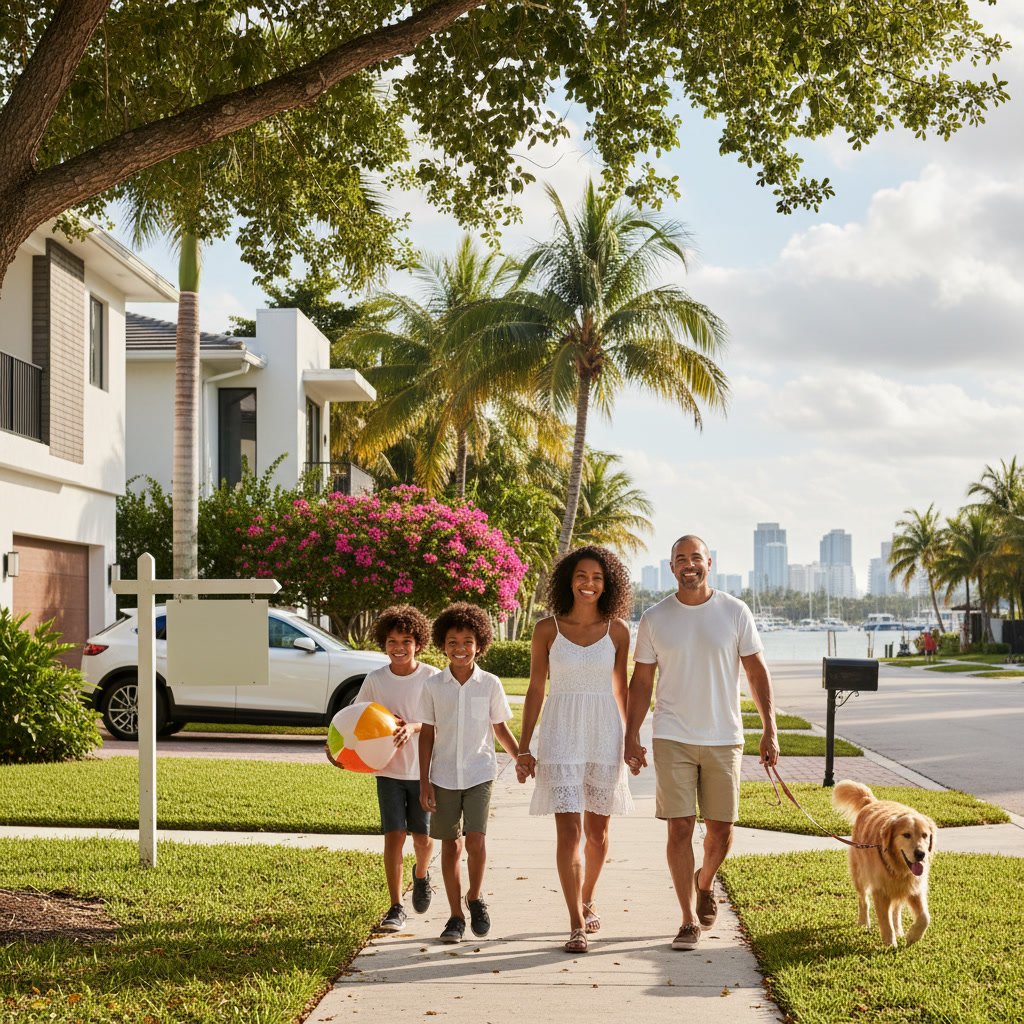 Happy family standing in front of new home in family friendly Miami neighborhood