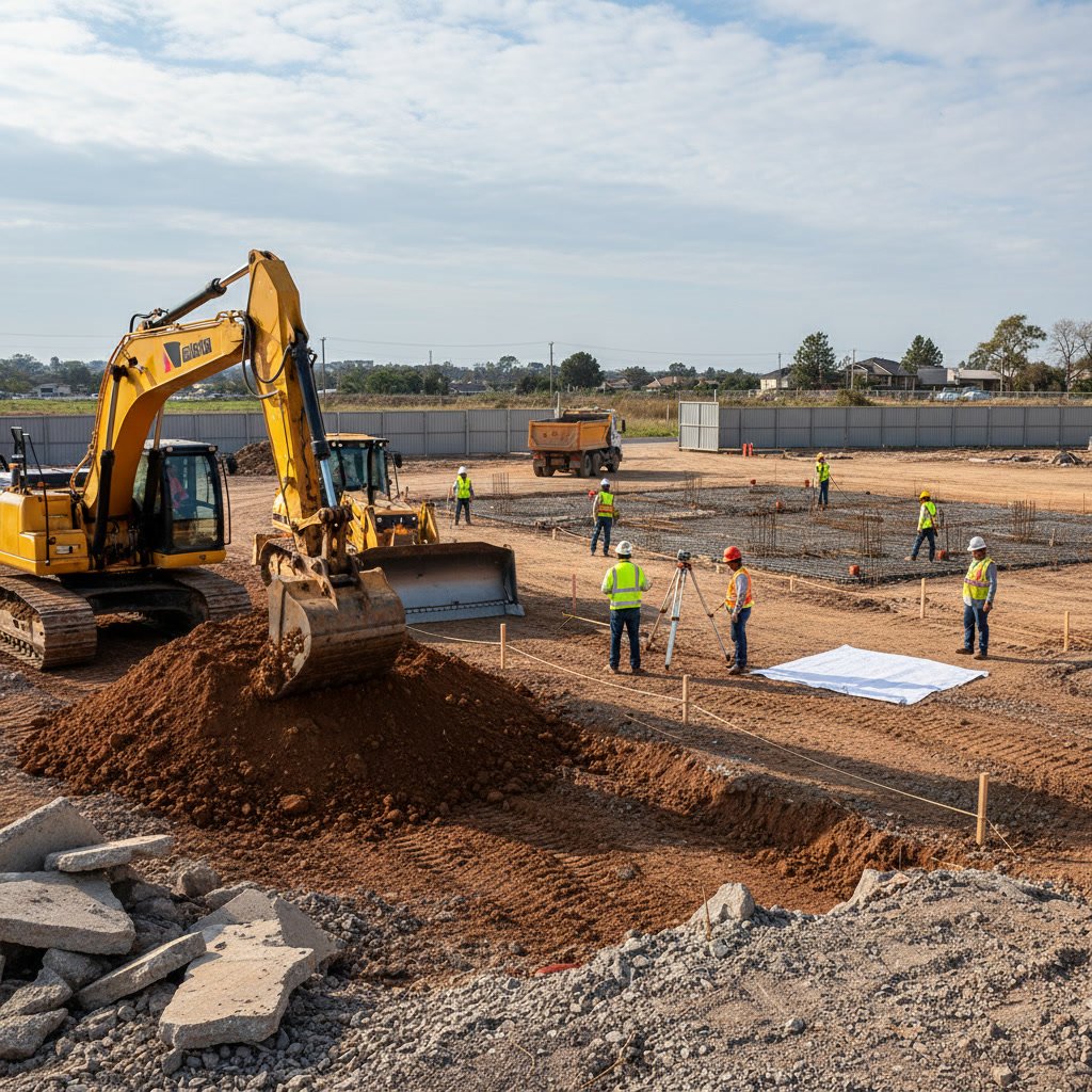 Construction site preparation and excavation for new condo development