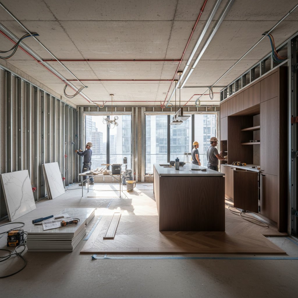 Interior construction phase of new condo development with finishes being installed