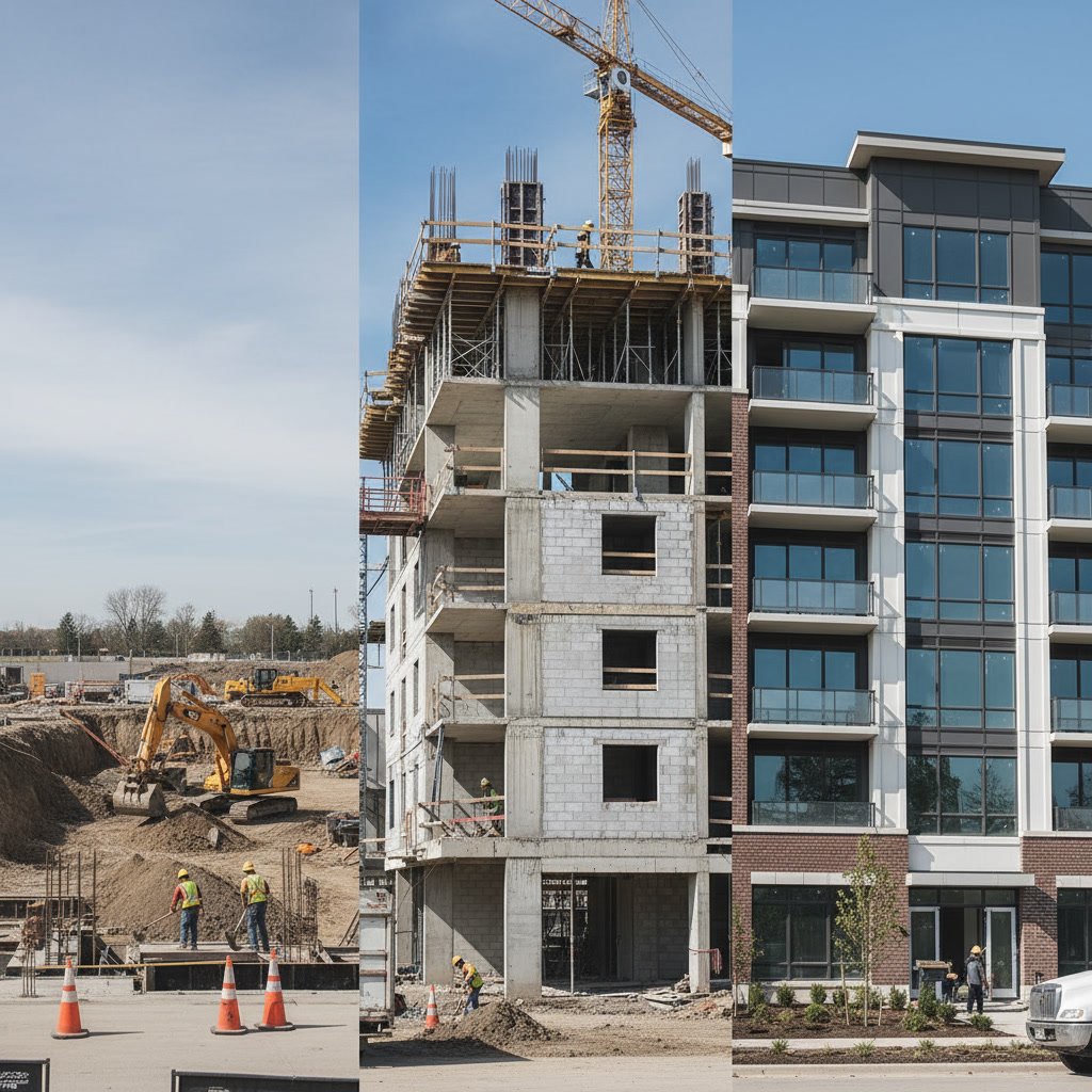 Aerial view of condo development construction site showing multiple building phases