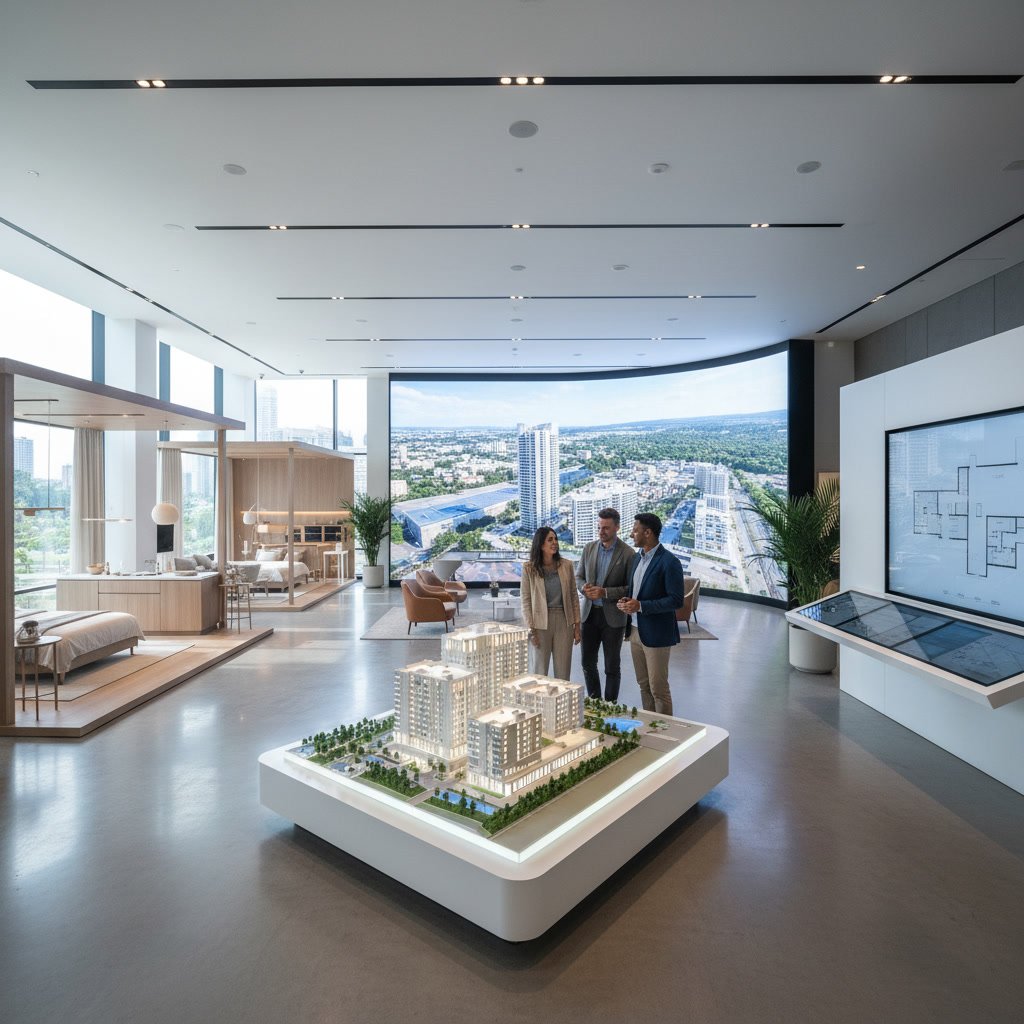 Condo sales gallery interior showing model unit with modern finishes and floor plans