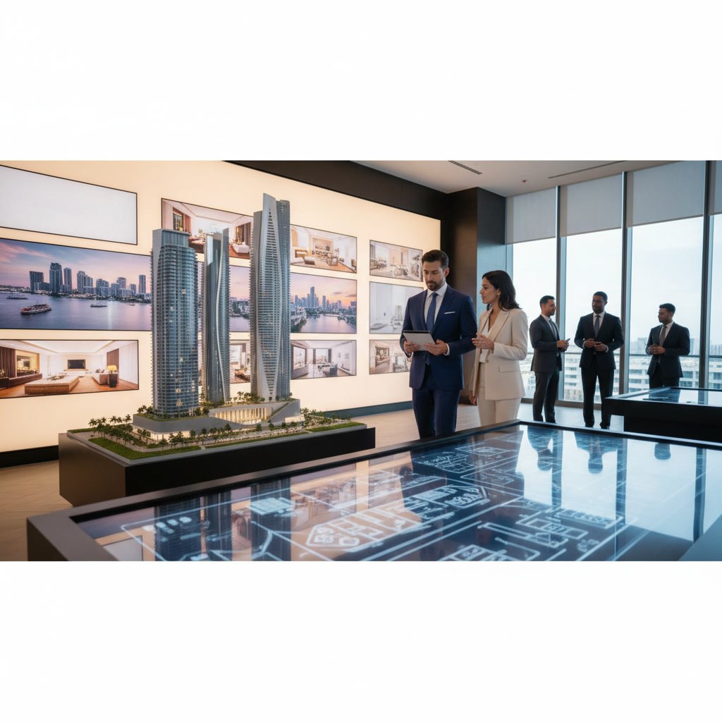Developer sales team discussing floor plans and construction timeline with prospective buyers