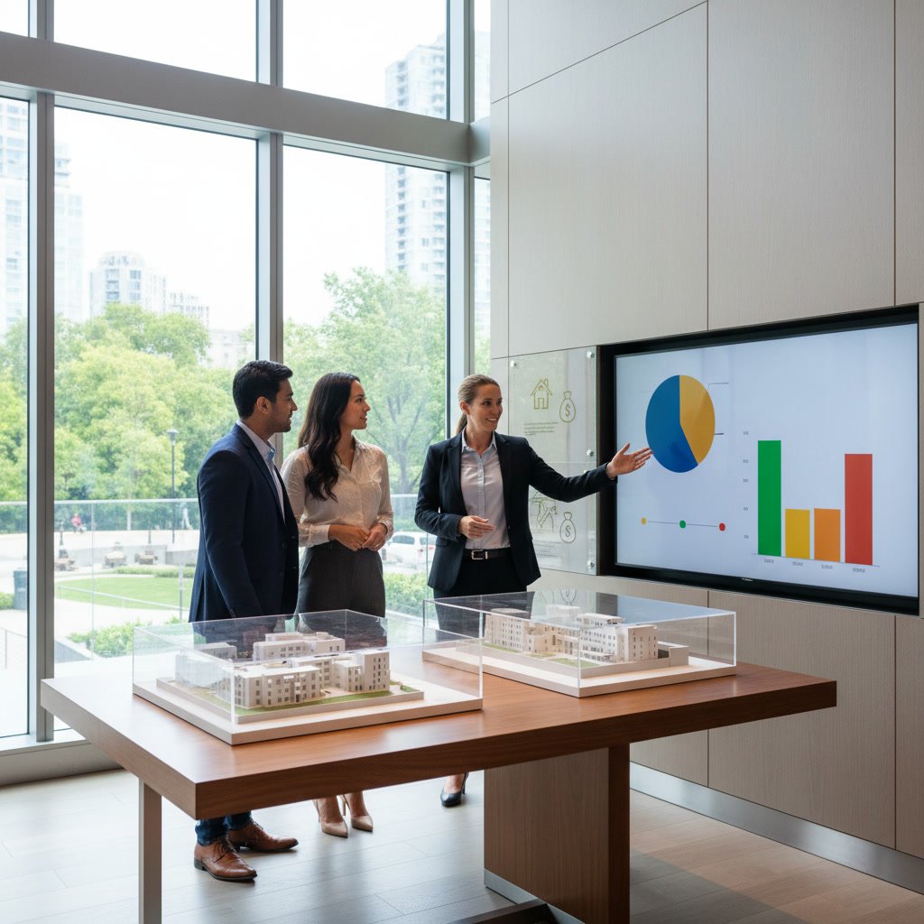 Prospective condo buyers reviewing materials samples and amenity plans in sales gallery