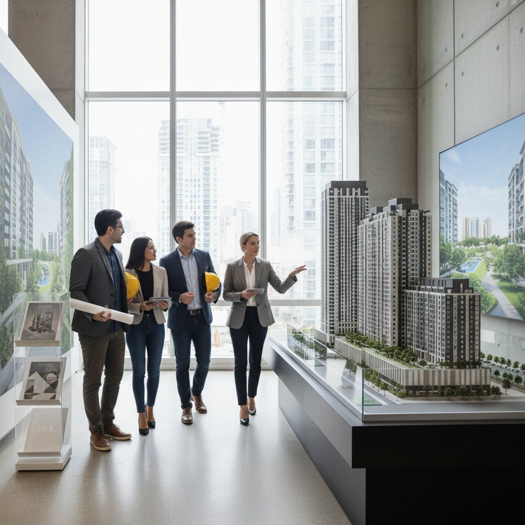 Modern condo sales gallery with model unit and prospective buyers touring new development