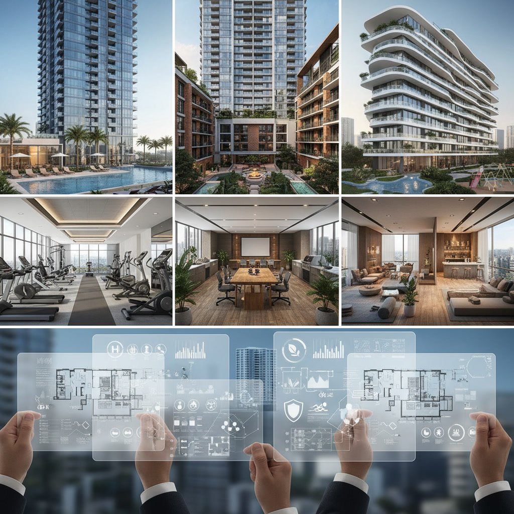 Modern South Florida condo development with luxury amenities including pool and fitness center